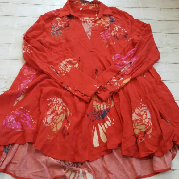 Free People Field Of Butterflies Women's Coral Long Sleeve Boho Tunic Top Size S - Picture 4 of 8